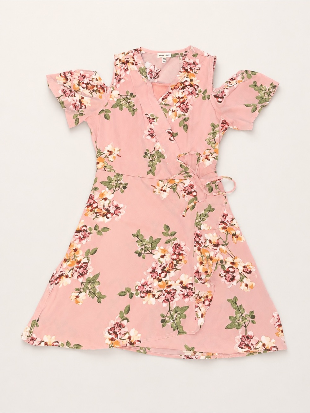 Girls' Pink Floral Cold-Shoulder Wrap Dress by unknown